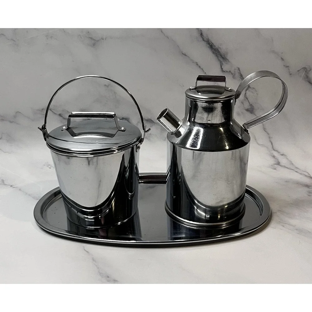 Vintage Japan Stainless Mini Set w/Tray Milk Jug Creamer & Milk Bucket Sugar